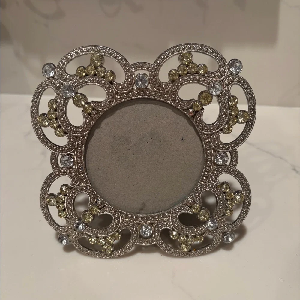 Ornate Silver Picture Frame with Pale Yellow Crystal Accents